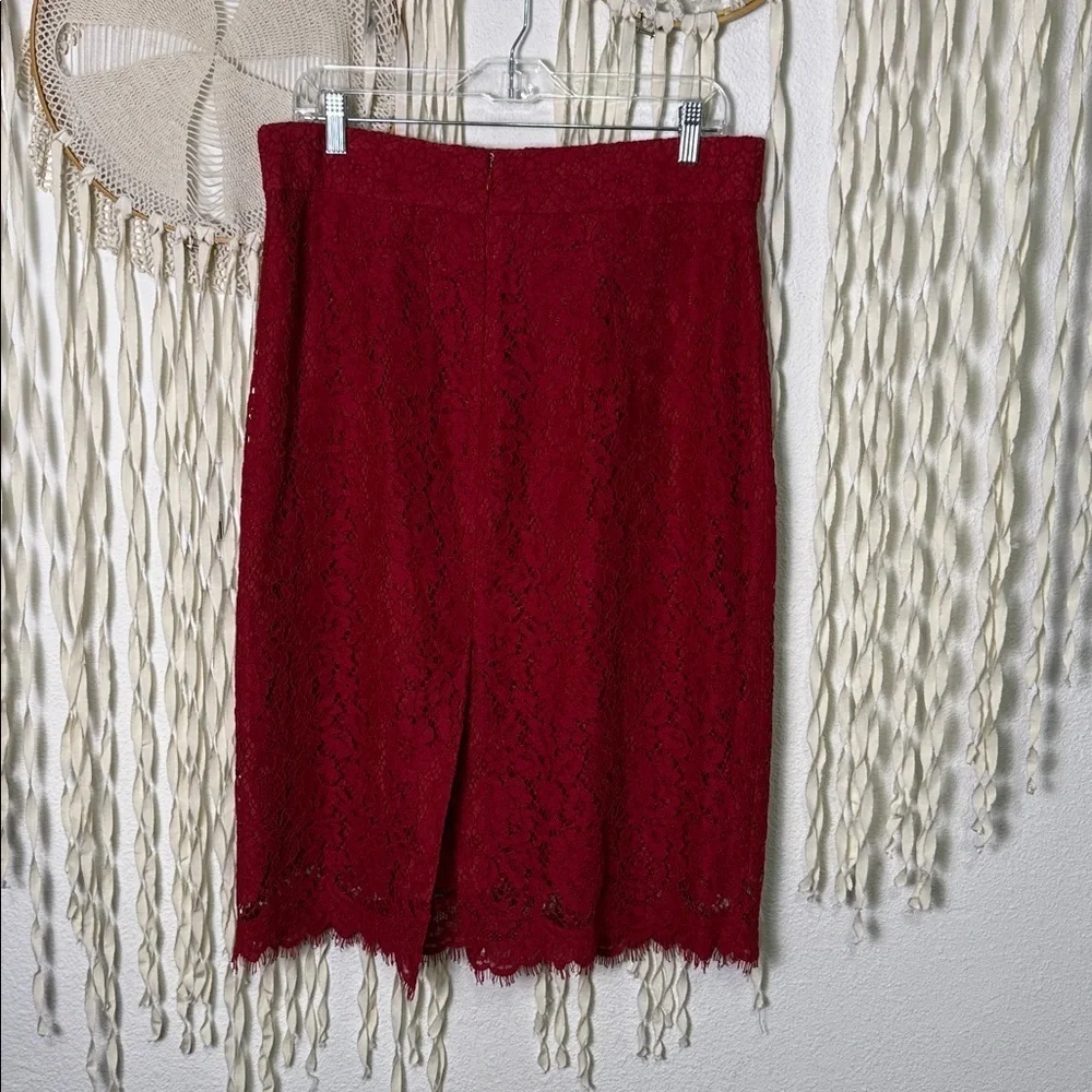 J. Crew Red Lace Pintuck Below Knee Pencil Skirt size 14